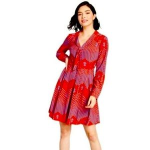 NWT ModCloth Pleasant Confidence Tie-Neck Dress Red Geo Floral 10